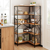 66" Tall 5-Tier L-Shaped Bookcase with Metal Frame for Living Room-Rustic Brown
