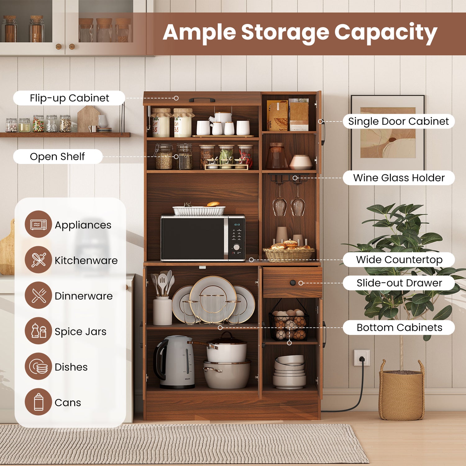 66 inch Pantry Cabinet with Charging Station and Microwave Stand-Brown
