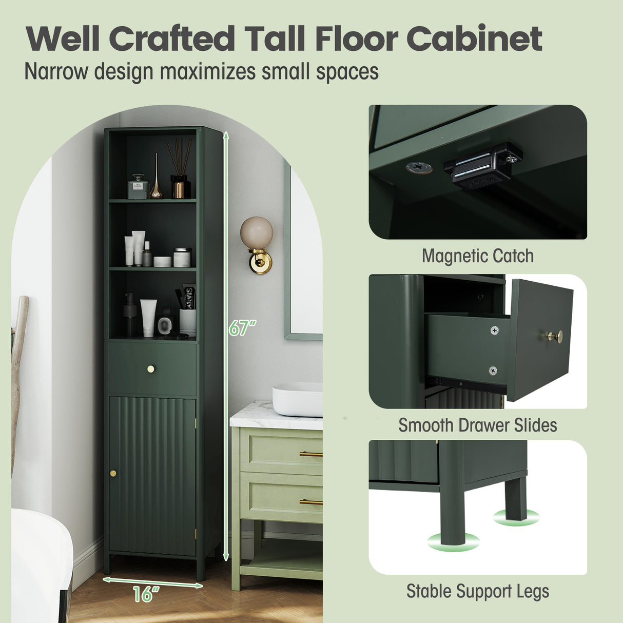 67 Inch Tall Bathroom Cabinet  Narrow Floor Cabinet with Fluted Door