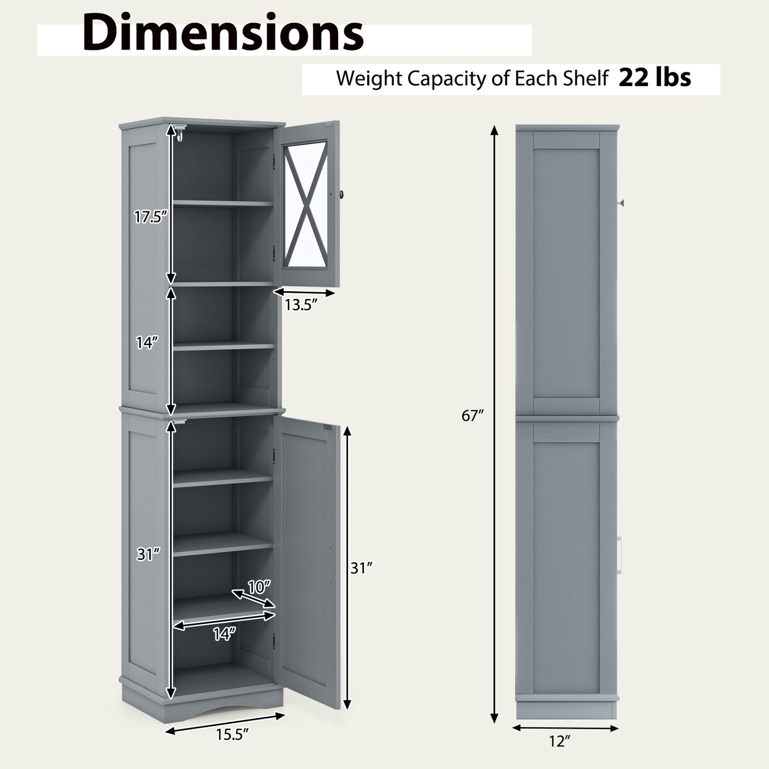 67 Inch Tall Bathroom Cabinet Freestanding Storage Cabinet with 5 Adjustable Shelves