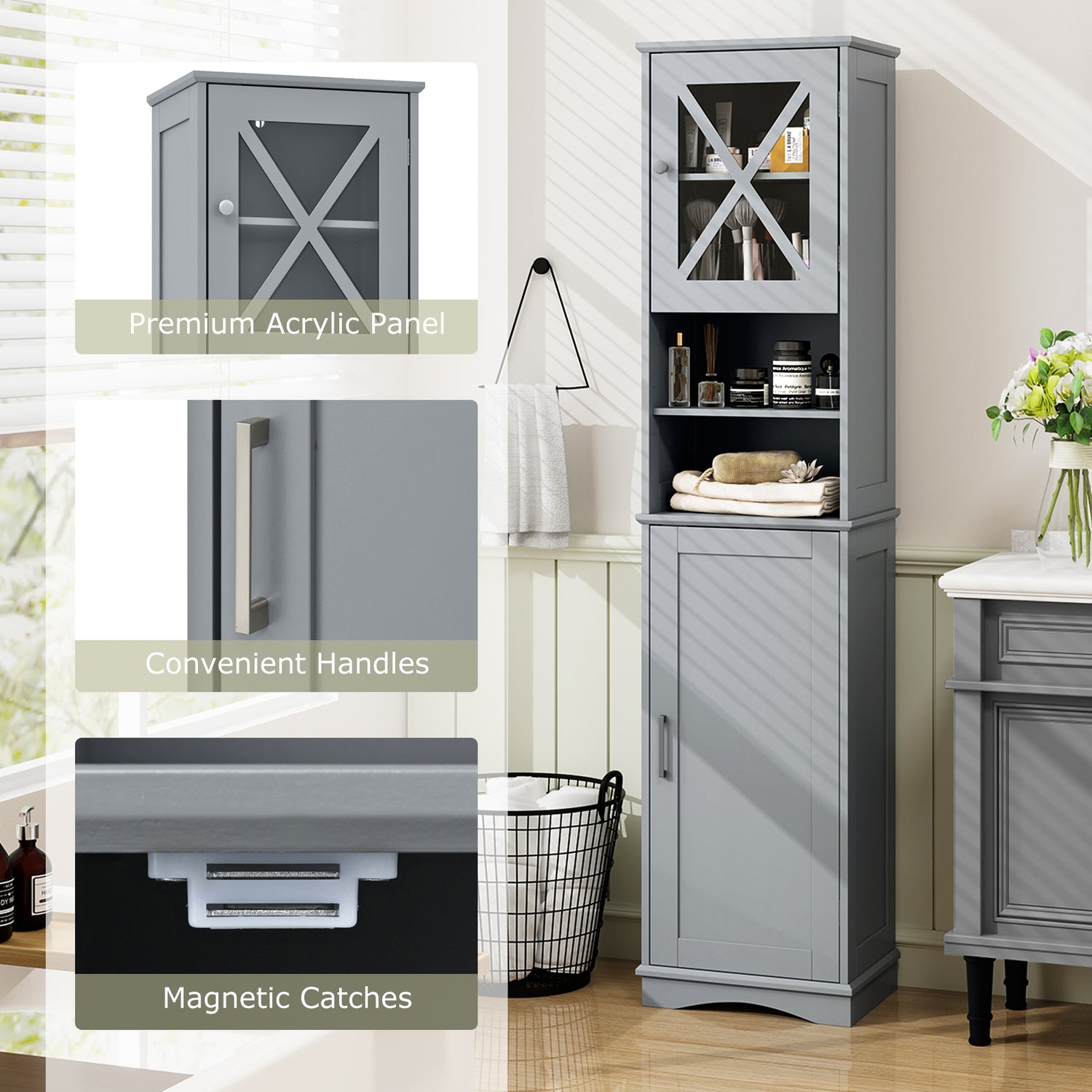 67 Inch Tall Bathroom Cabinet Freestanding Storage Cabinet with 5 Adjustable Shelves