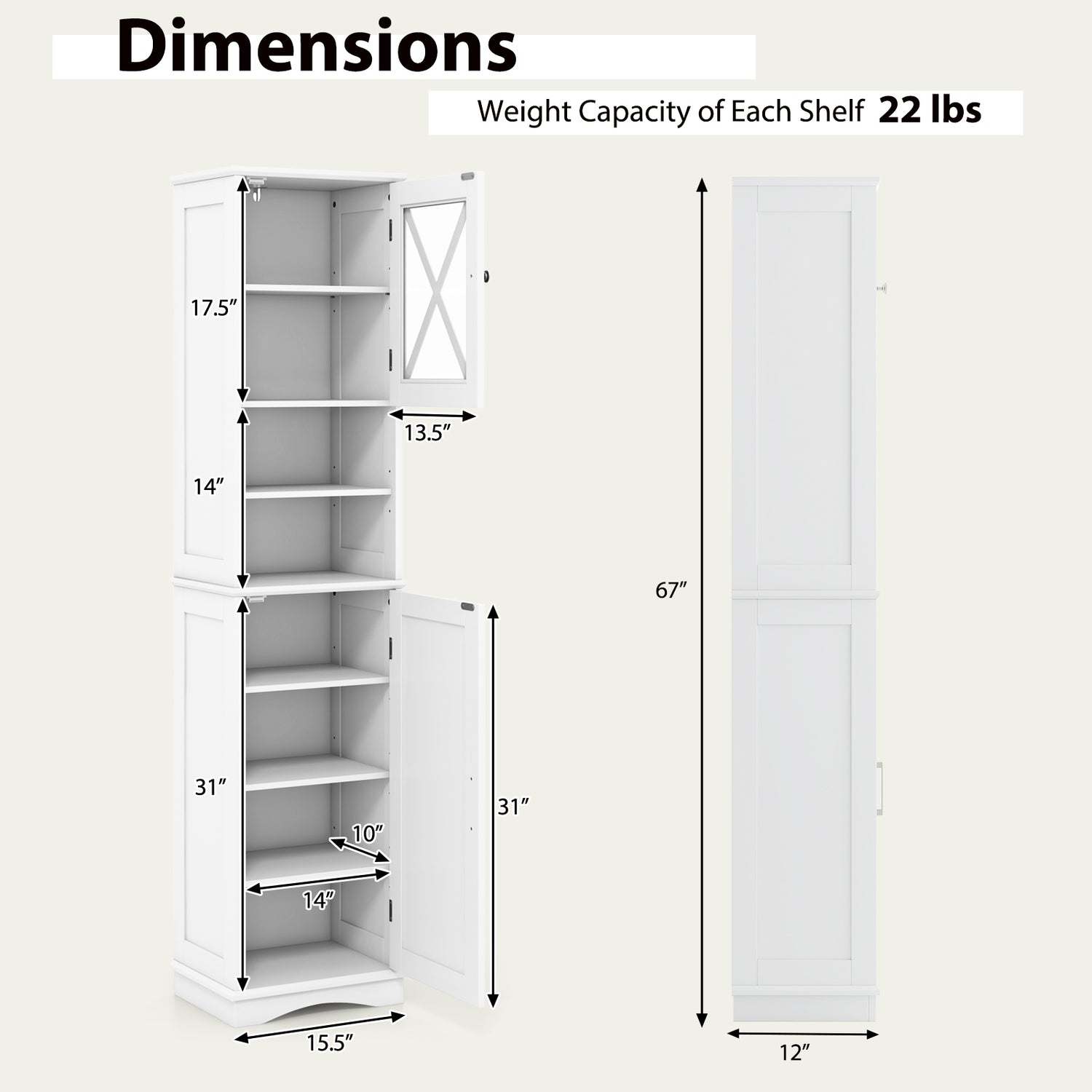 67 Inch Tall Bathroom Cabinet Freestanding Storage Cabinet with 5 Adjustable Shelves