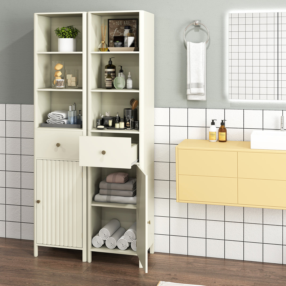 67 Inch Tall Bathroom Cabinet  Narrow Floor Cabinet with Fluted Door