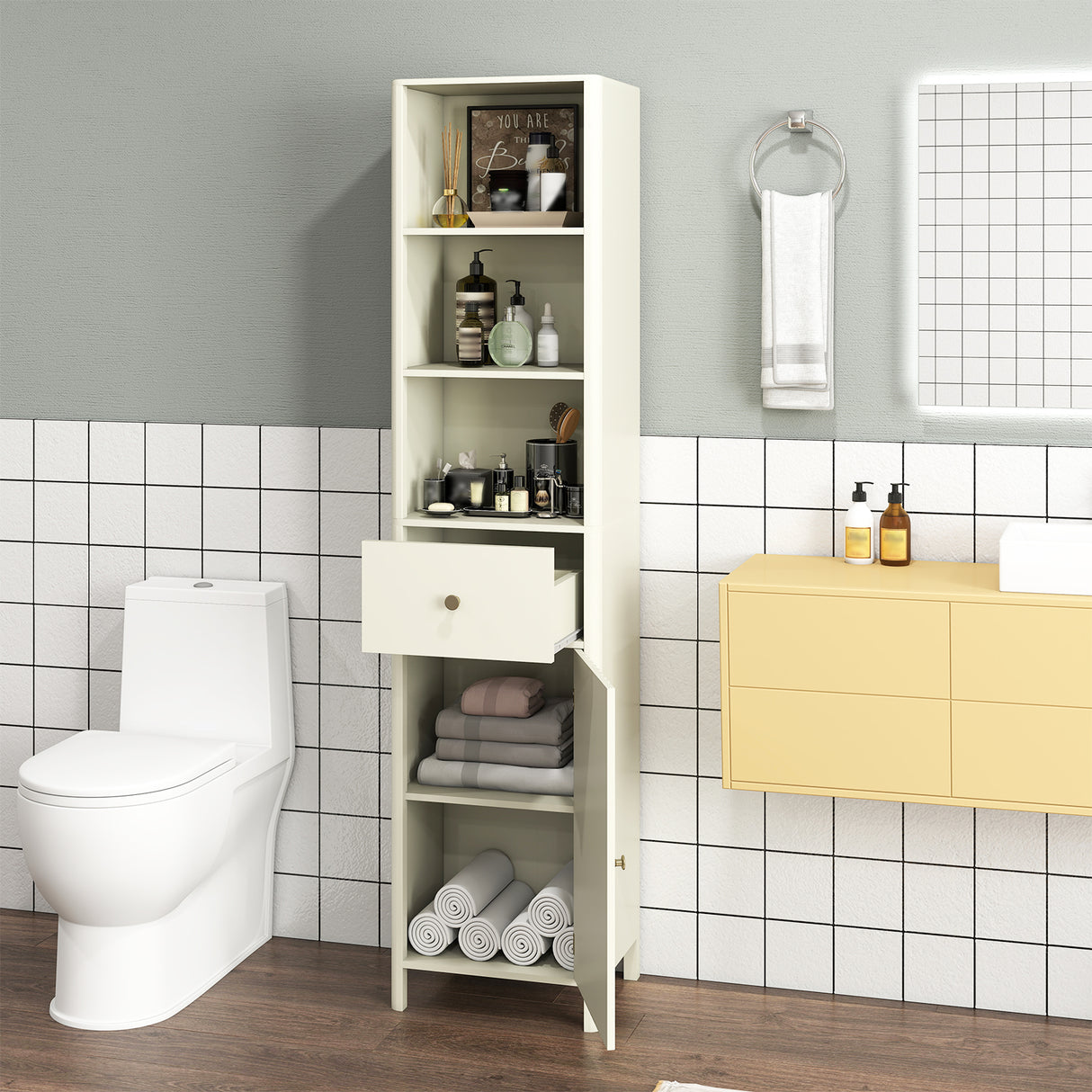 67 Inch Tall Bathroom Cabinet  Narrow Floor Cabinet with Fluted Door
