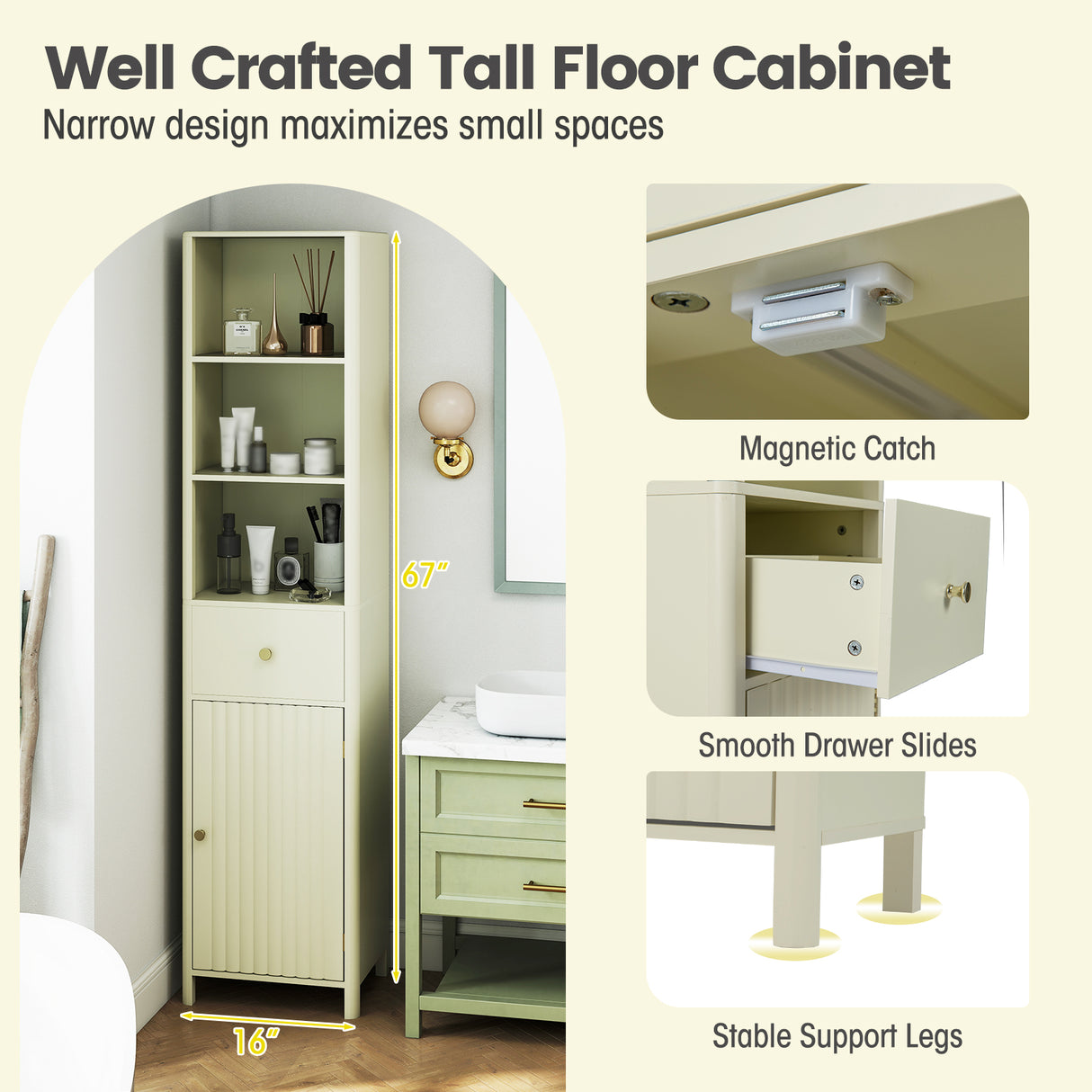 67 Inch Tall Bathroom Cabinet  Narrow Floor Cabinet with Fluted Door
