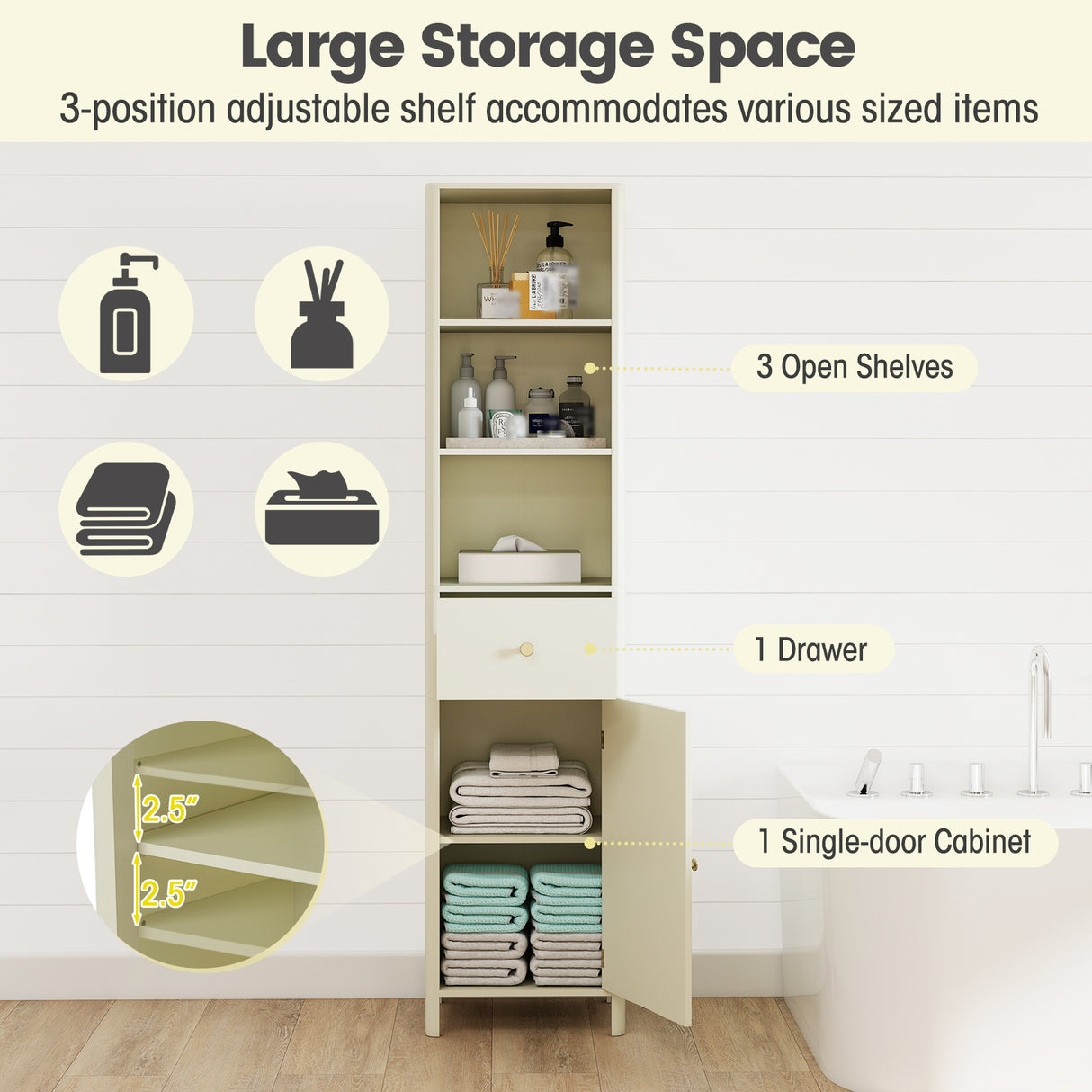 67 Inch Tall Bathroom Cabinet  Narrow Floor Cabinet with Fluted Door