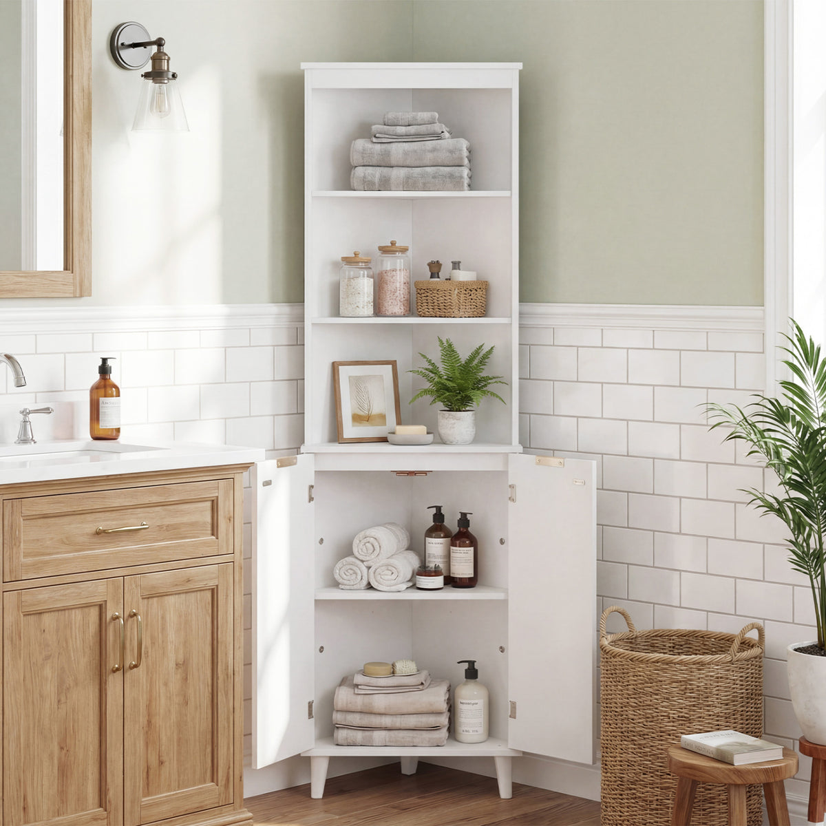 68 Inch Tall Bathroom Floor Storage Cabinet with Fluted Doors