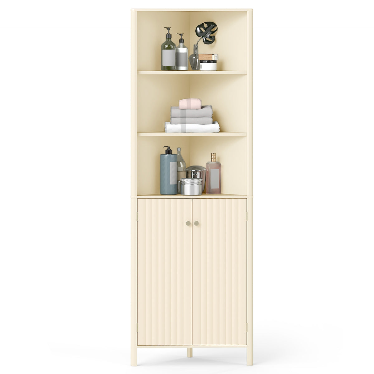68 Inch Tall Corner Cabinet with 5 Shelves and 2 Fluted Doors for Bathroom-Beige