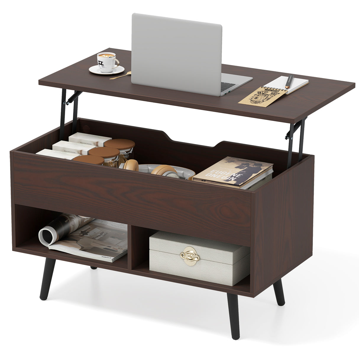 31.5 Inch Lift Top Coffee Table with Hidden Compartment and 2 Storage Shelves