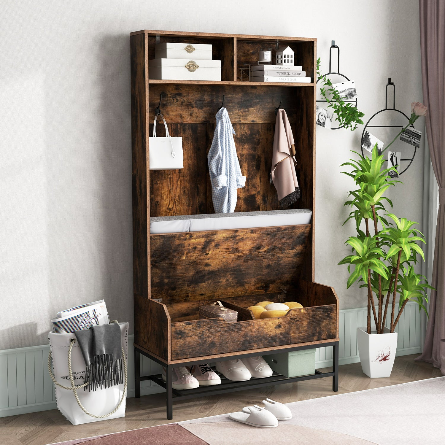 69 Inches Tall Hall Tree 4-in-1 Coat Rack with Seat Cushion and Shoe Storage