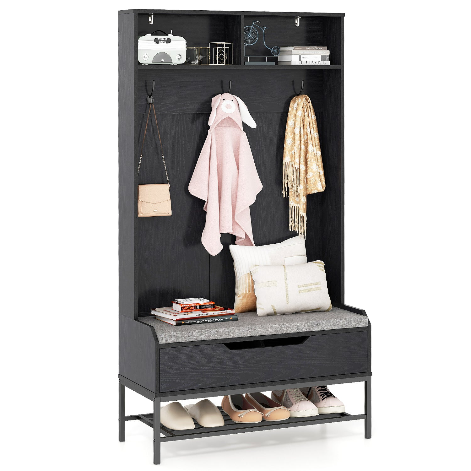 69 Inches Tall Hall Tree 4-in-1 Coat Rack with Seat Cushion and Shoe Storage