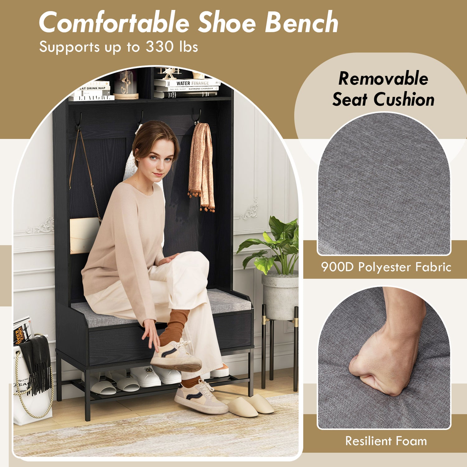 69 Inches Tall Hall Tree 4-in-1 Coat Rack with Seat Cushion and Shoe Storage
