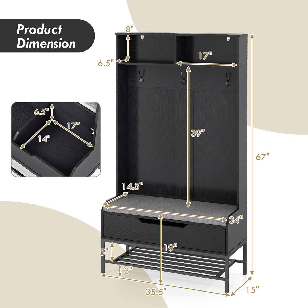 69 Inches Tall Hall Tree 4-in-1 Coat Rack with Seat Cushion and Shoe Storage