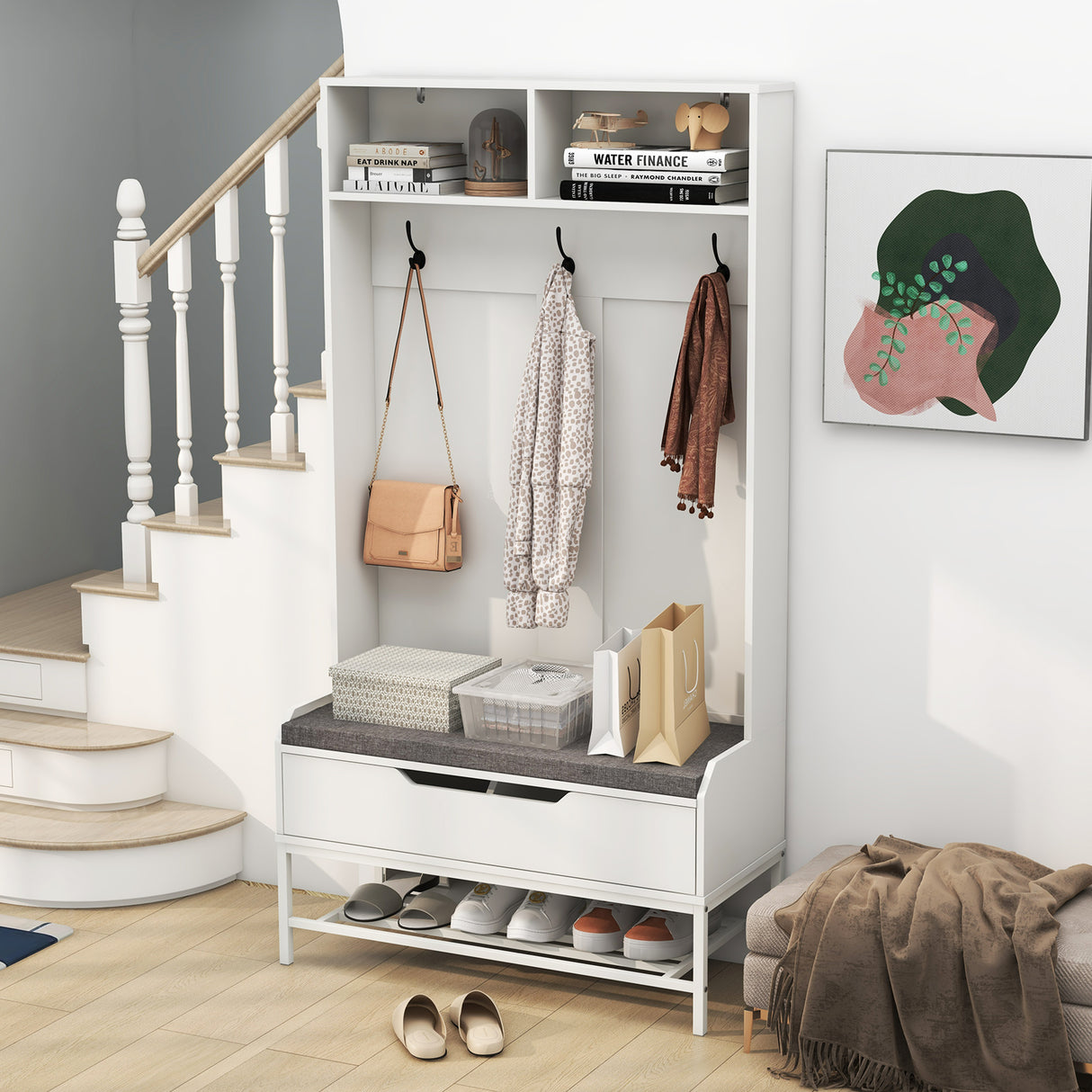 69 Inches Tall Hall Tree 4-in-1 Coat Rack with Seat Cushion and Shoe Storage