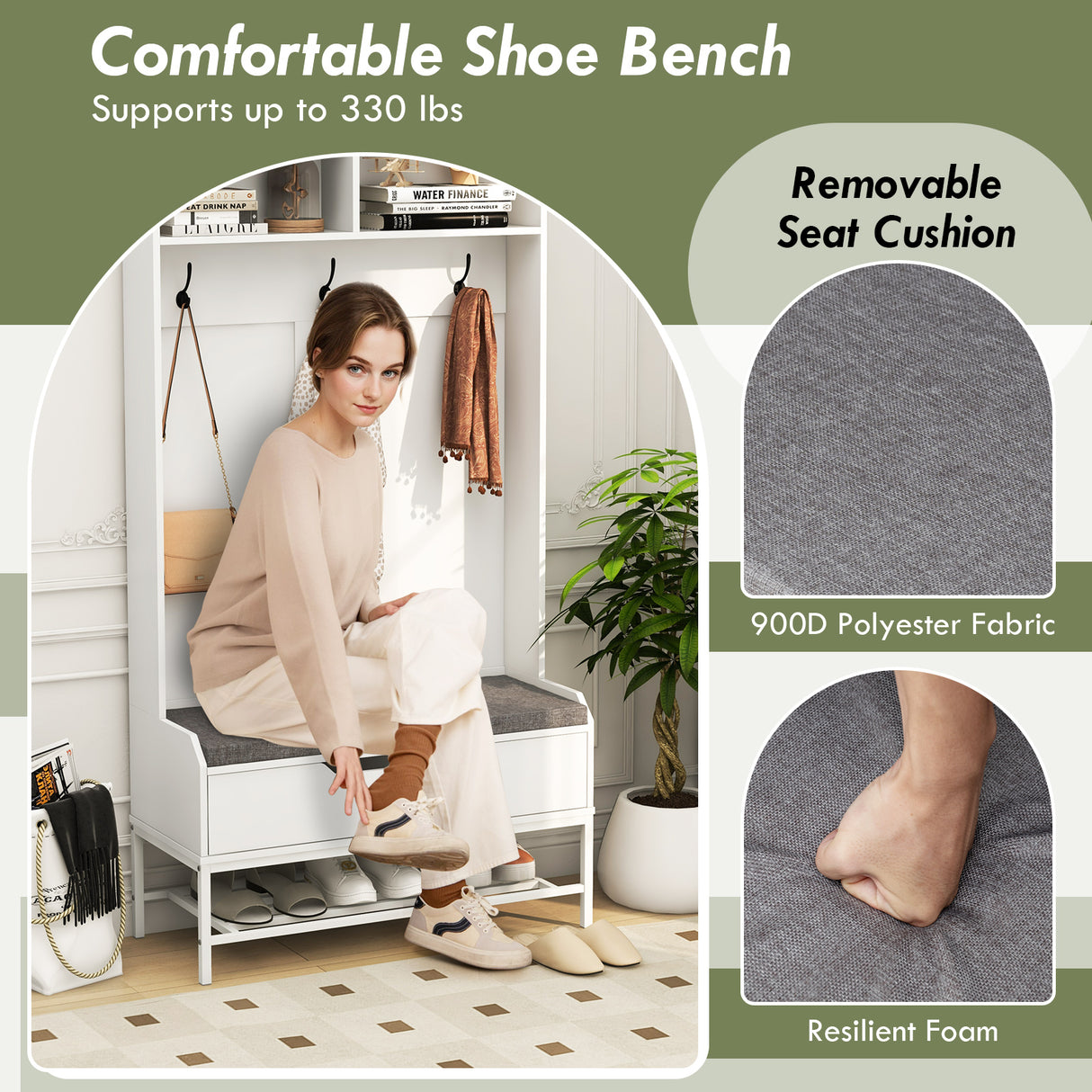 69 Inches Tall Hall Tree 4-in-1 Coat Rack with Seat Cushion and Shoe Storage