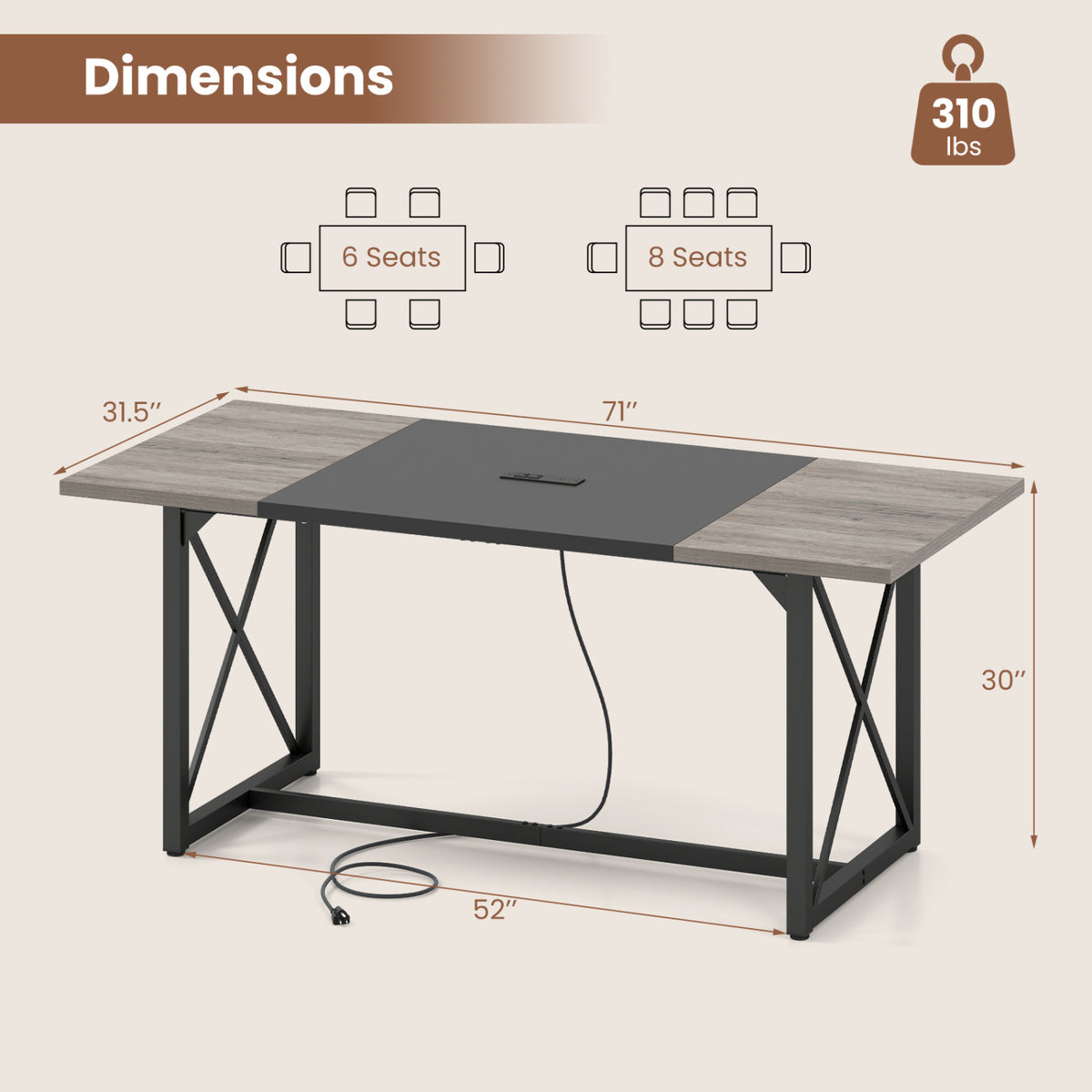 Conference Table with Power Outlets Seats 6-8 People for Office