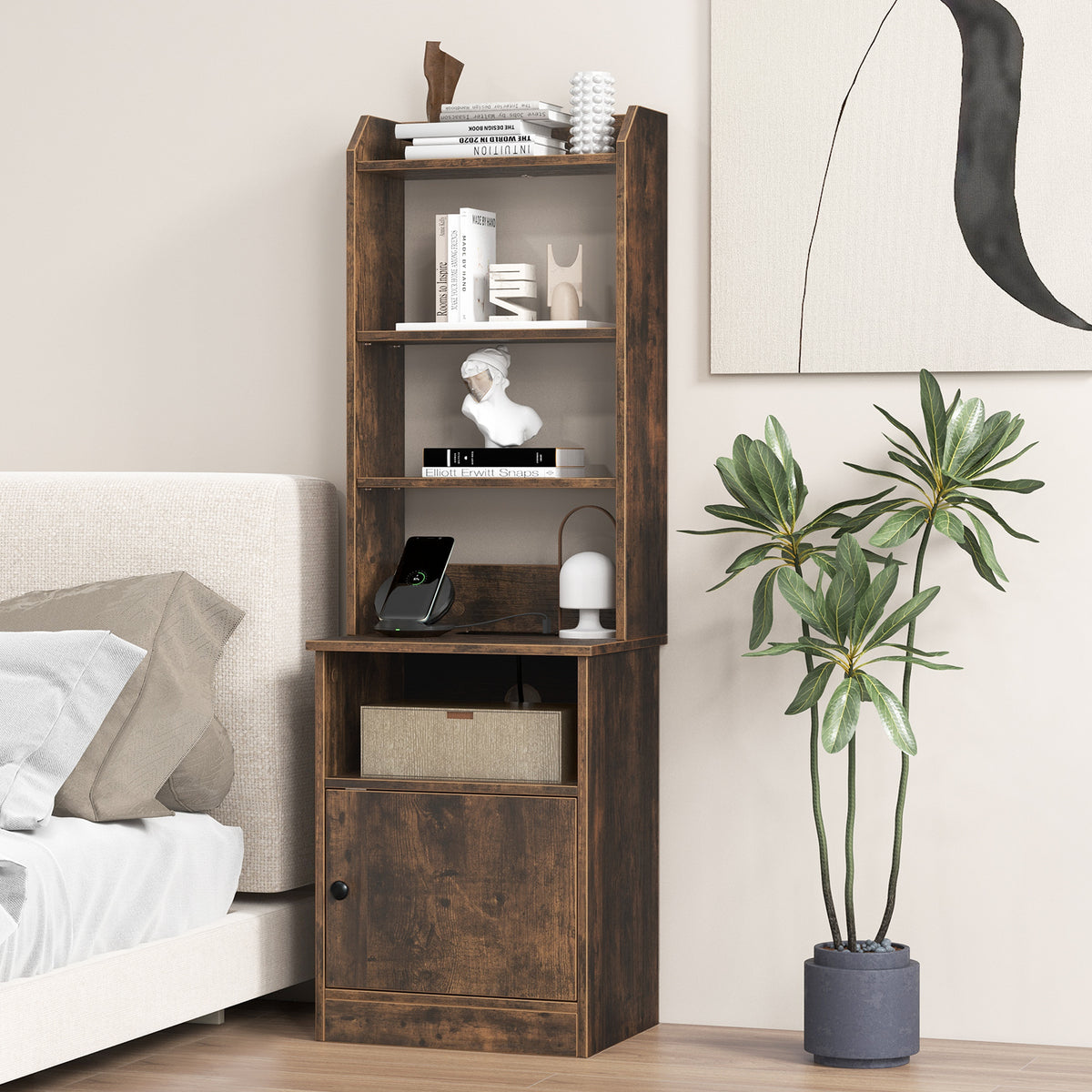 Bookcase Nightstand Rack 6-Tier Bookshelf Nightstand with Charging Station and Cab... – Moogdesk