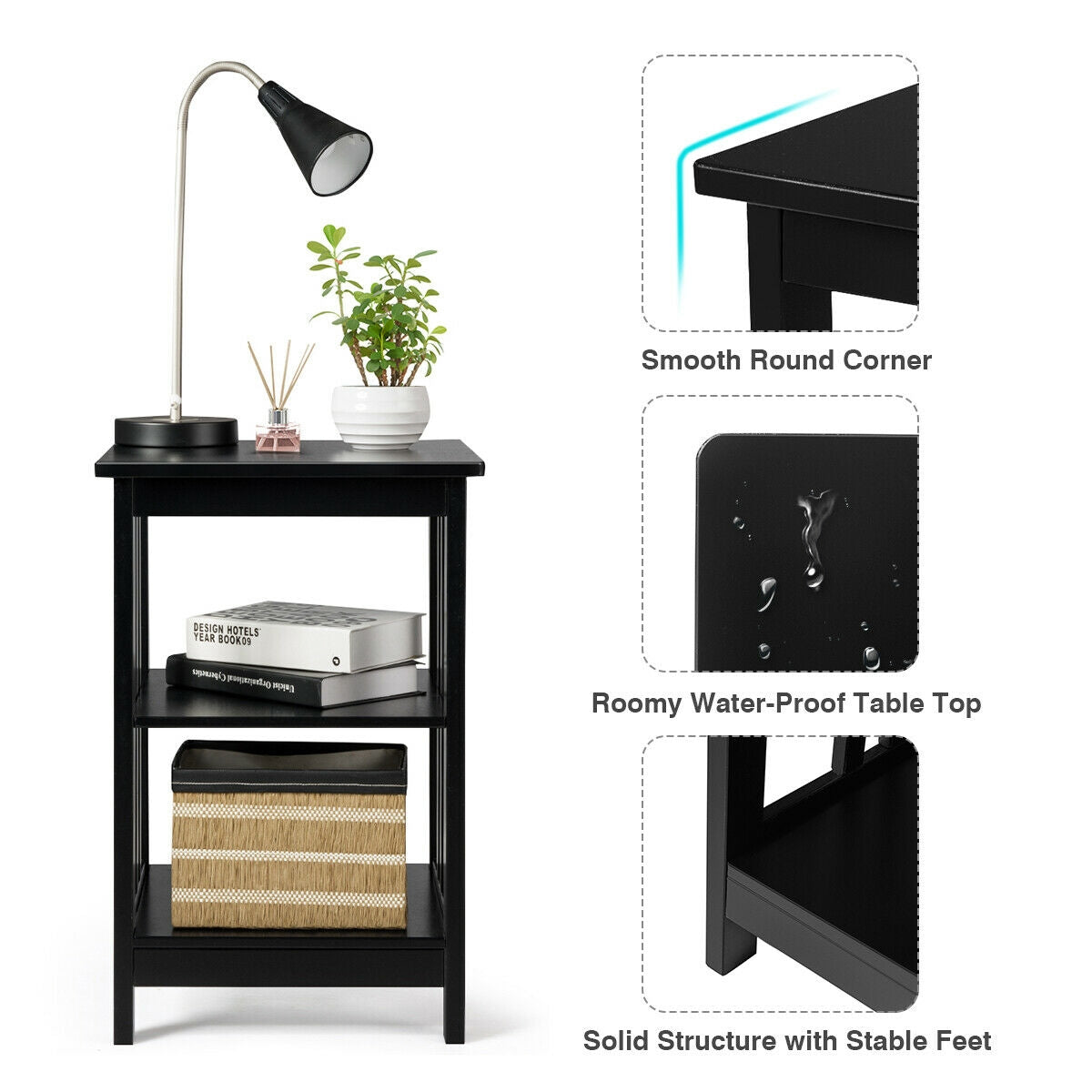 3-Tier Nightstand Side Table with Baffles and Corners