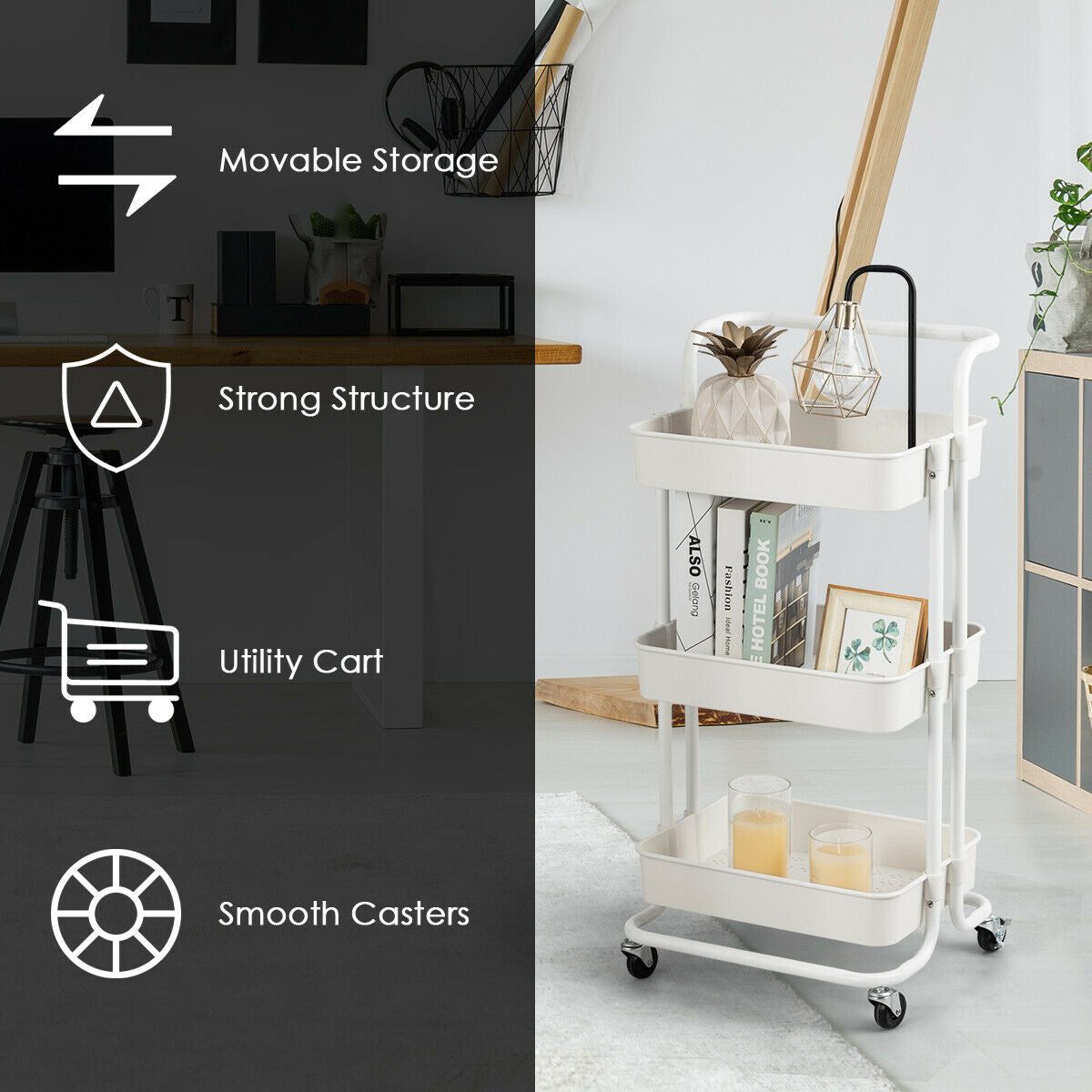 3-Tier Utility Cart Storage Rolling Cart with Casters