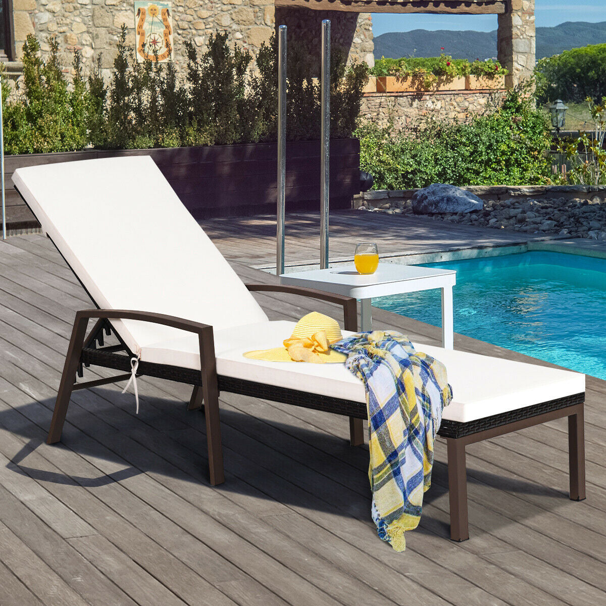 2 Pieces Patio Rattan Adjustable Back Lounge Chair with Armrest and Removable Cushions