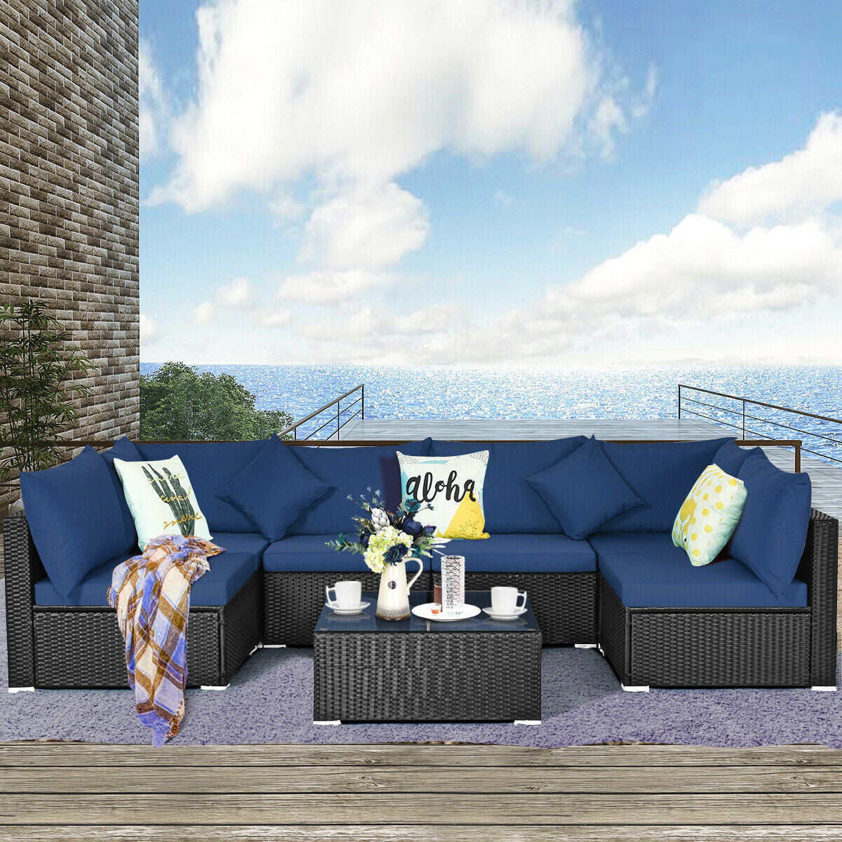 7-Piece Outdoor Sectional Wicker Patio Sofa Set with Tempered Glass Top