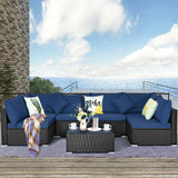 7-Piece Outdoor Sectional Wicker Patio Sofa Set with Tempered Glass Top