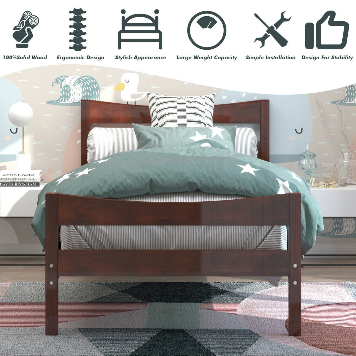 Twin Size Rustic Platform Bed Frame with Headboard and Footboard