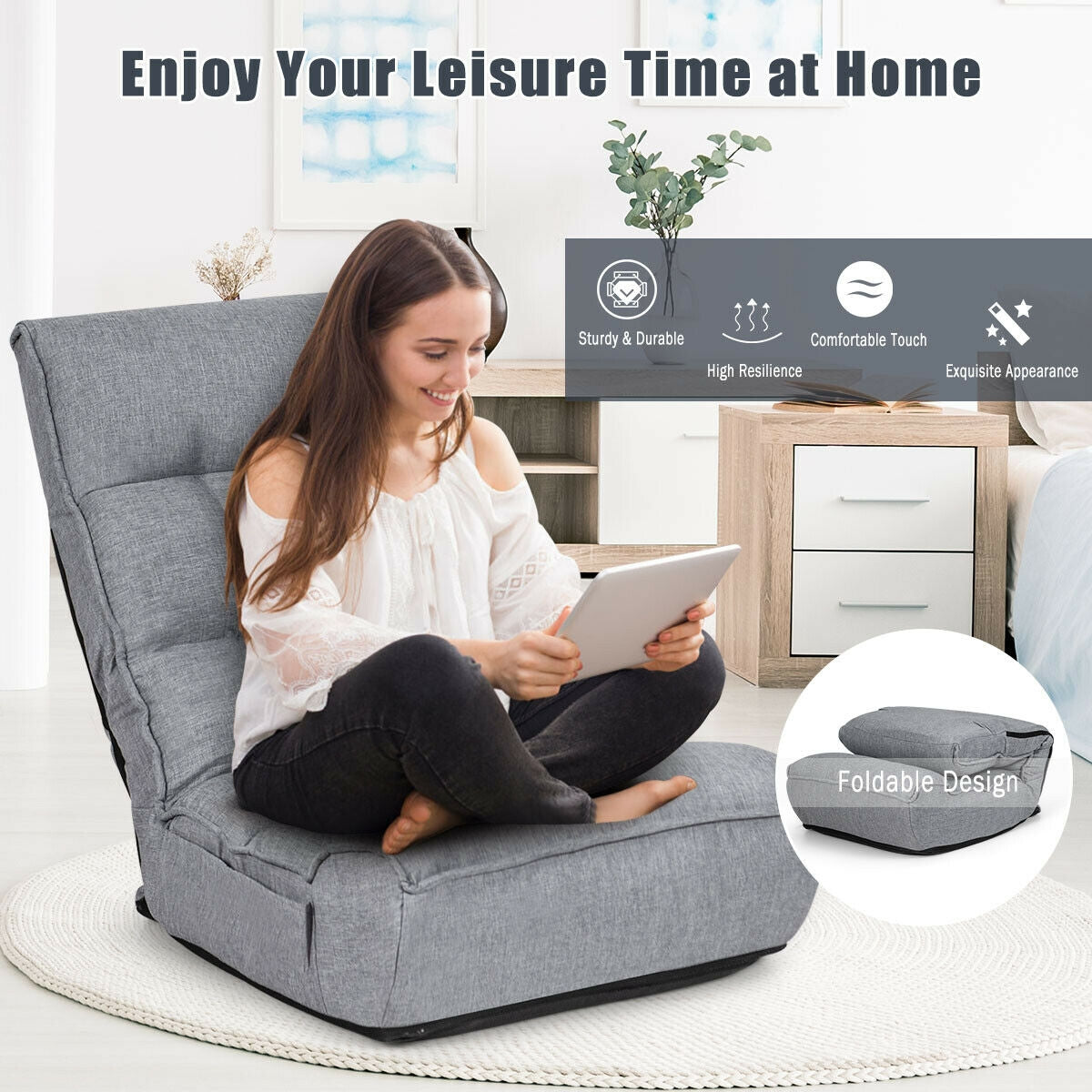 4-Position Adjustable Floor Chair Folding Lazy Sofa