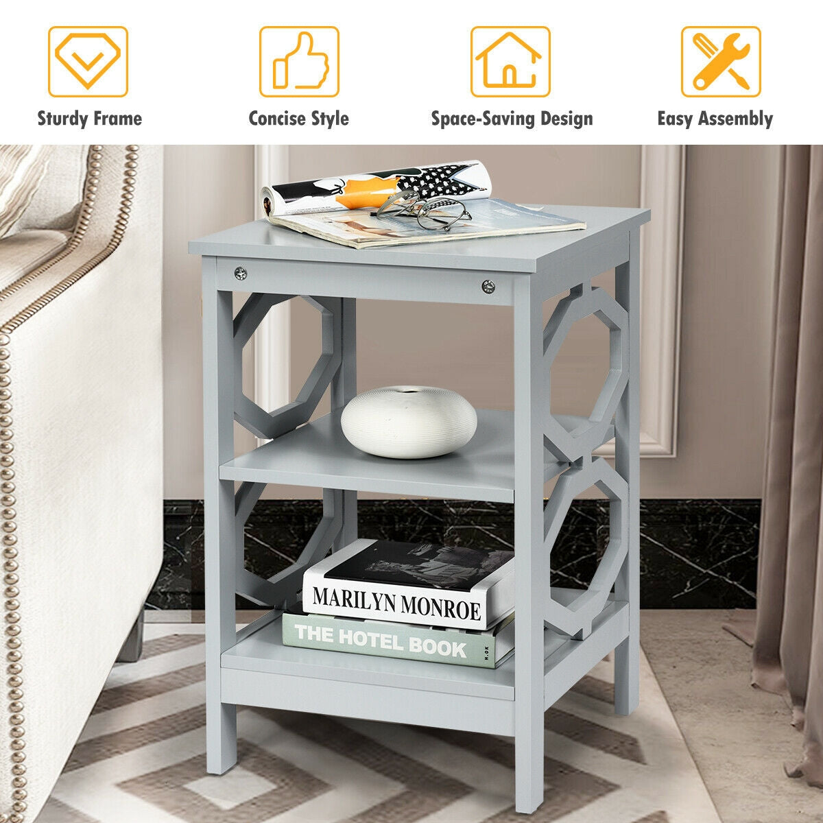 3 Tiers Nightstand Sofa Side End Accent Table-Gray