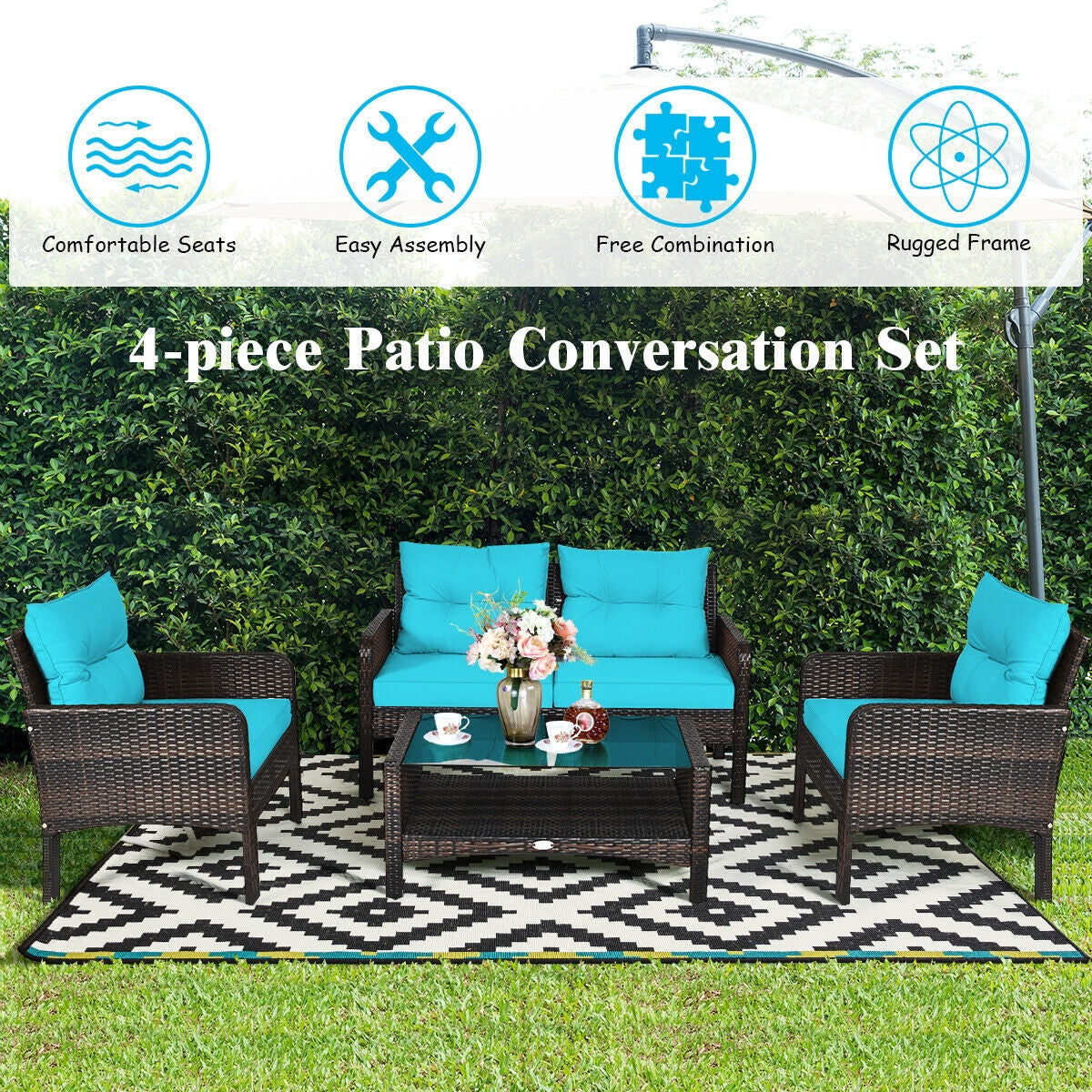 4 Pieces Outdoor Rattan Wicker Loveseat Furniture Set with Cushions