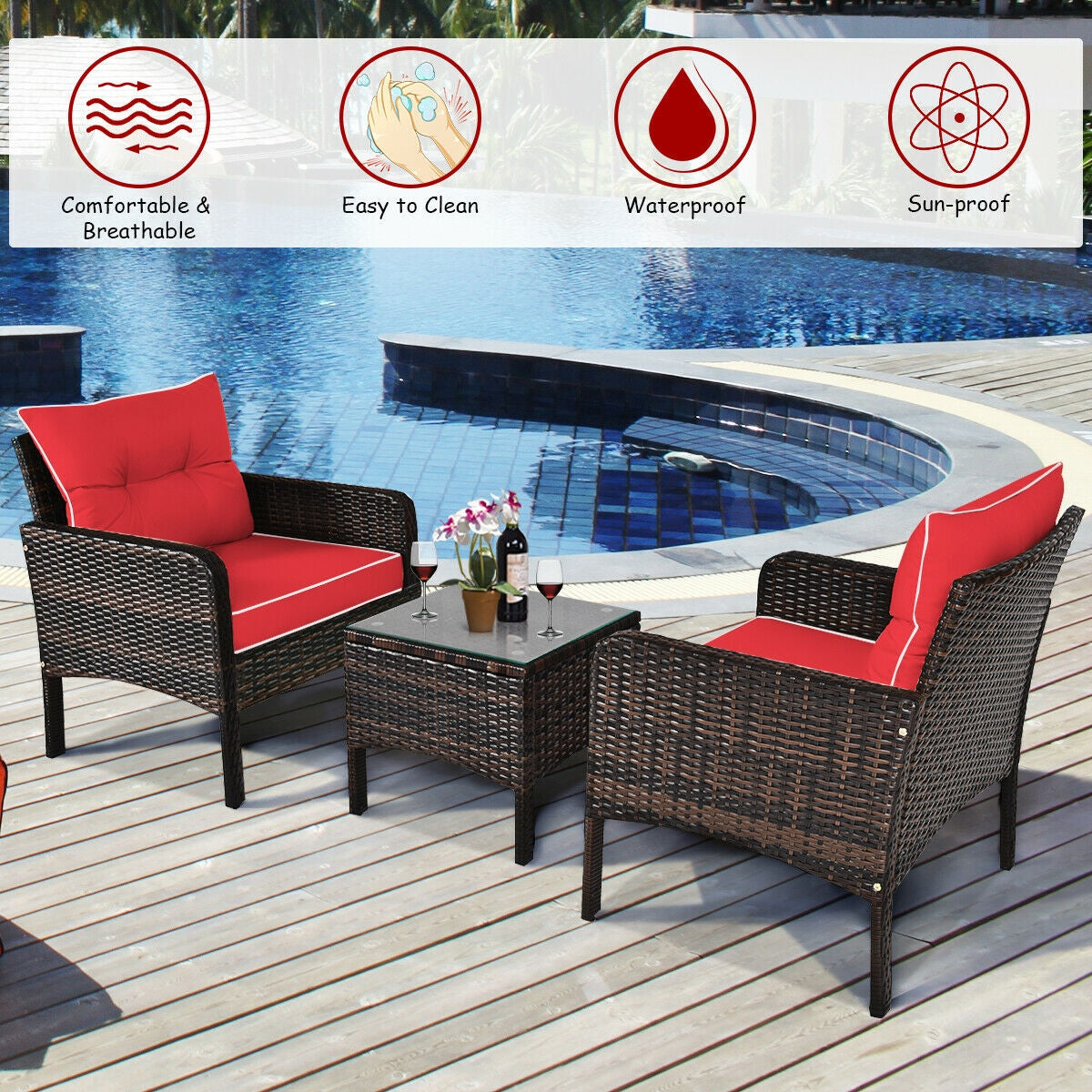 3 Pieces Outdoor Patio Rattan Conversation Set with Seat Cushions