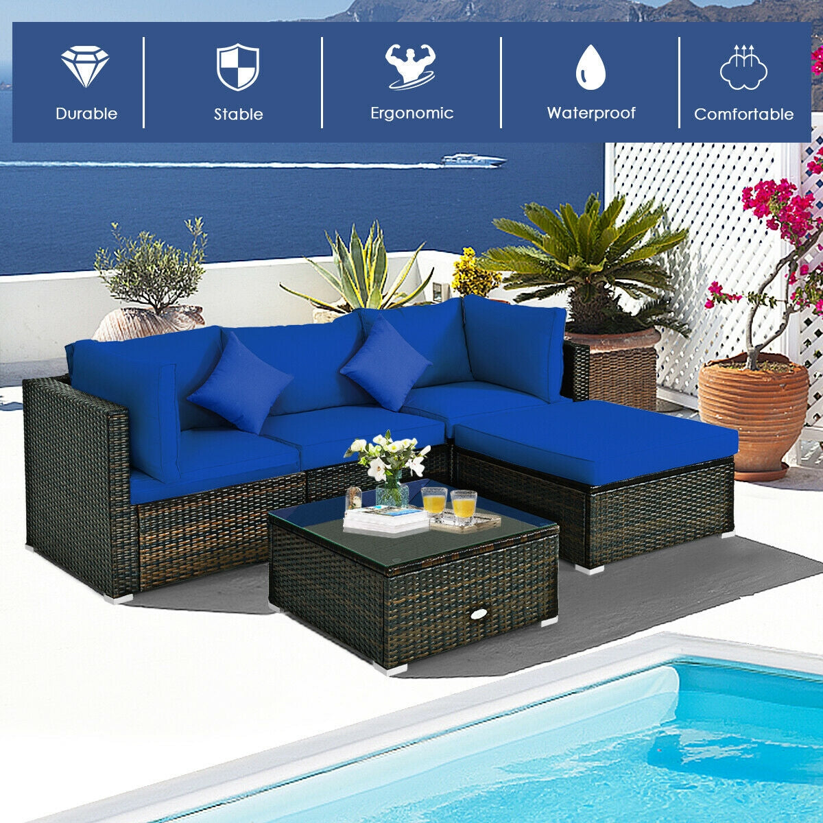 5 Pieces Outdoor Patio Rattan Furniture Set With Cushions