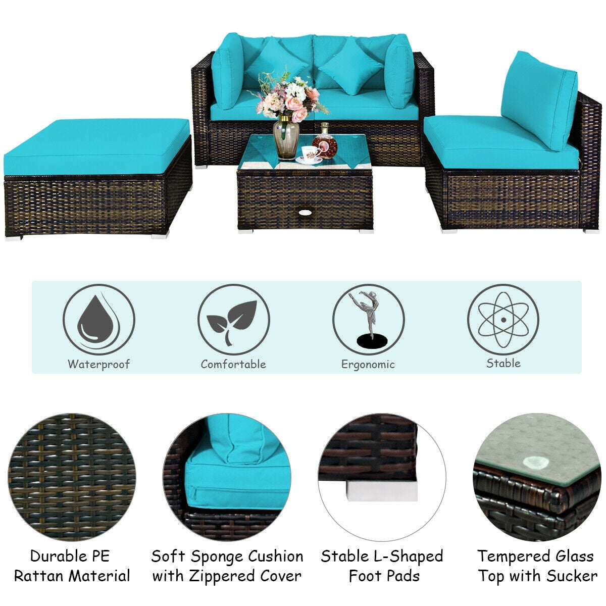 5 Pieces Outdoor Patio Rattan Furniture Set With Cushions