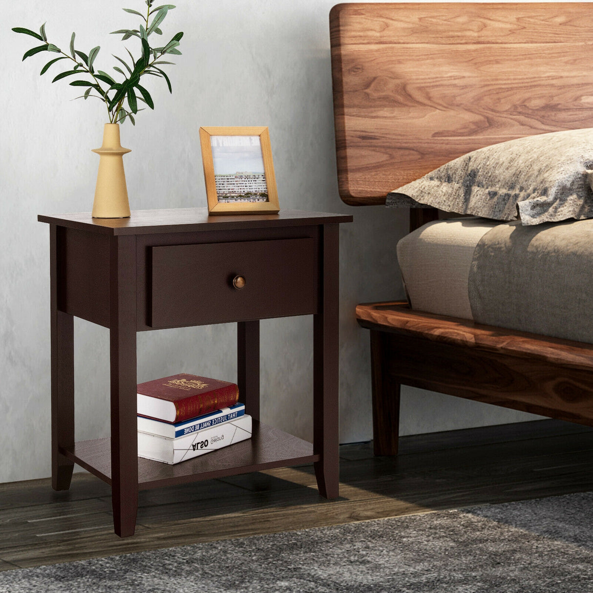 Nightstand with Drawer and Storage Shelf for Bedroom Living Room