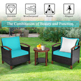 3 Pieces Patio Rattan Furniture Set with Washable Cushion and Acacia Wood Tabletop
