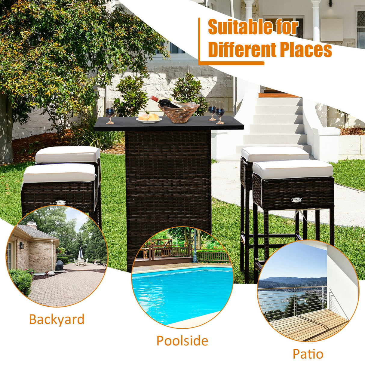 5 Pieces Patio Rattan Bar Table Stool Set Hidden Storage Shelf Cushioned