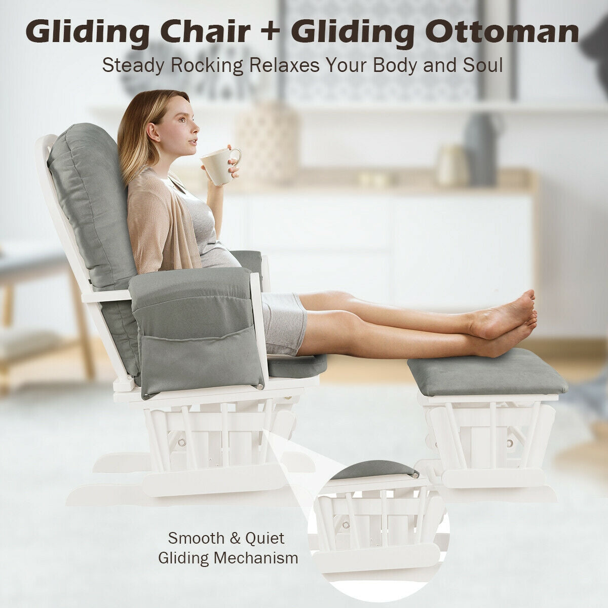 Wood Glider and Ottoman Set with Padded Armrests and Detachable Cushion