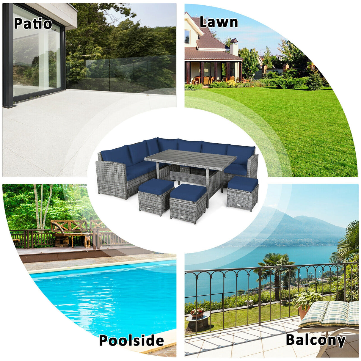7 Pieces Patio Rattan Dining Furniture Sectional Sofa Set with Wicker Ottoman