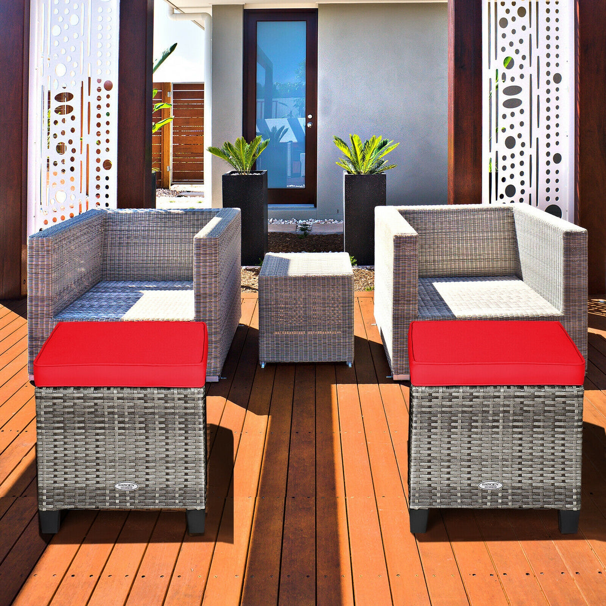 2PCS Patio Rattan Wicker Ottoman Seat with Removable Cushions