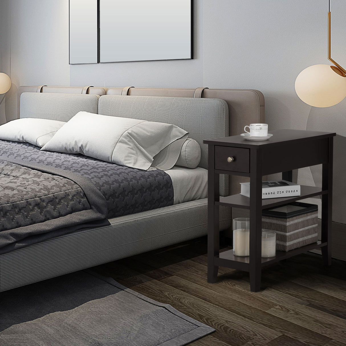 3-Tier Nightstand Bedside Table Sofa Side with Double Shelves Drawer