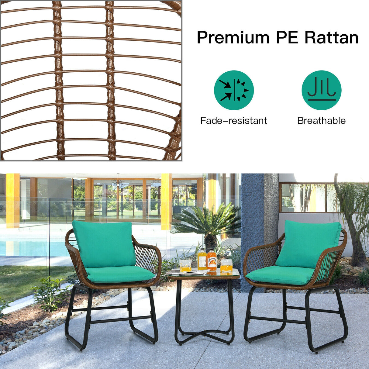 3 Pieces Patio Rattan Bistro Set Cushioned Chair Glass Table Deck