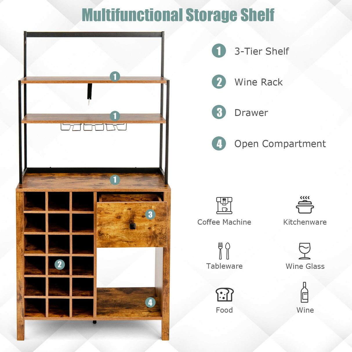 Kitchen Bakers Rack Freestanding Wine Rack Table with Glass Holder and Drawer