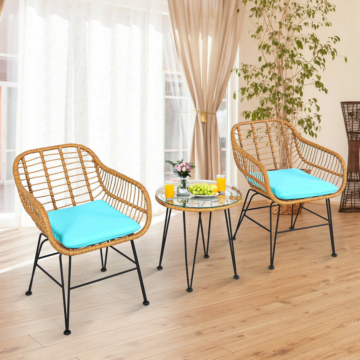 3 Pieces Rattan Furniture Set with Cushioned Chair Table