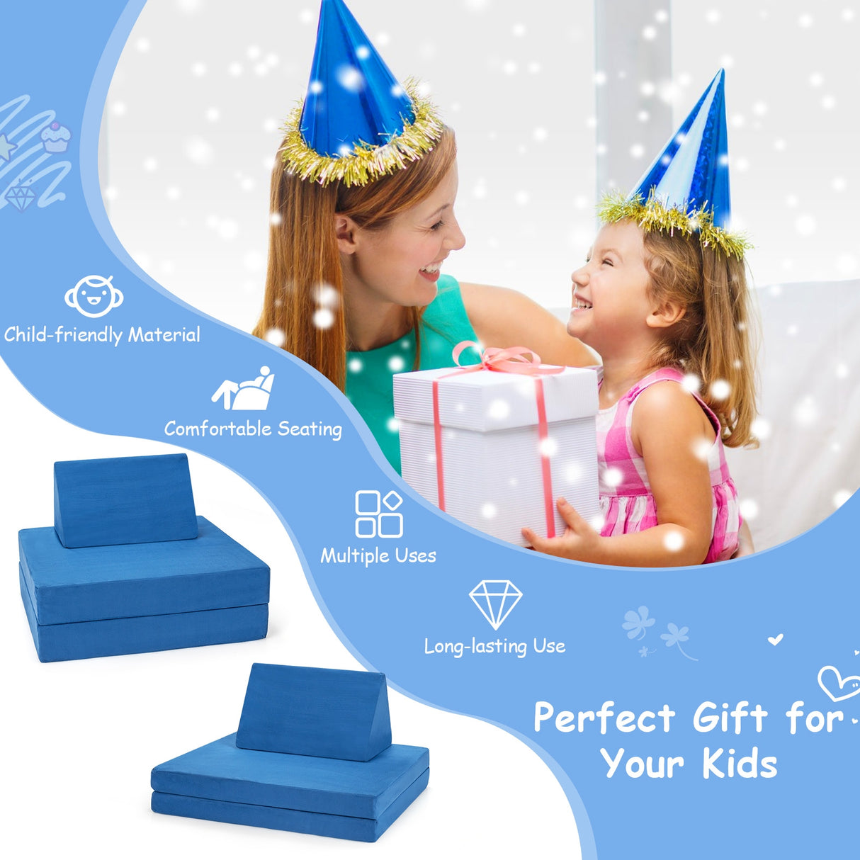 4-Piece Convertible Kids Couch Set with 2 Folding Mats