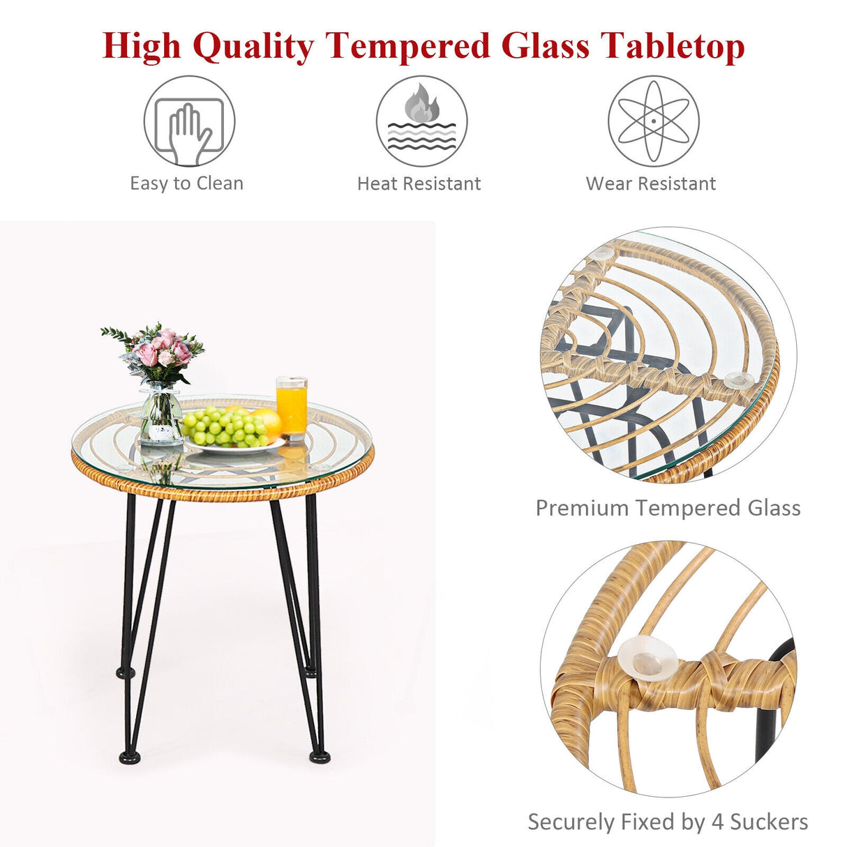 3 Pieces Rattan Furniture Set with Cushioned Chair Table