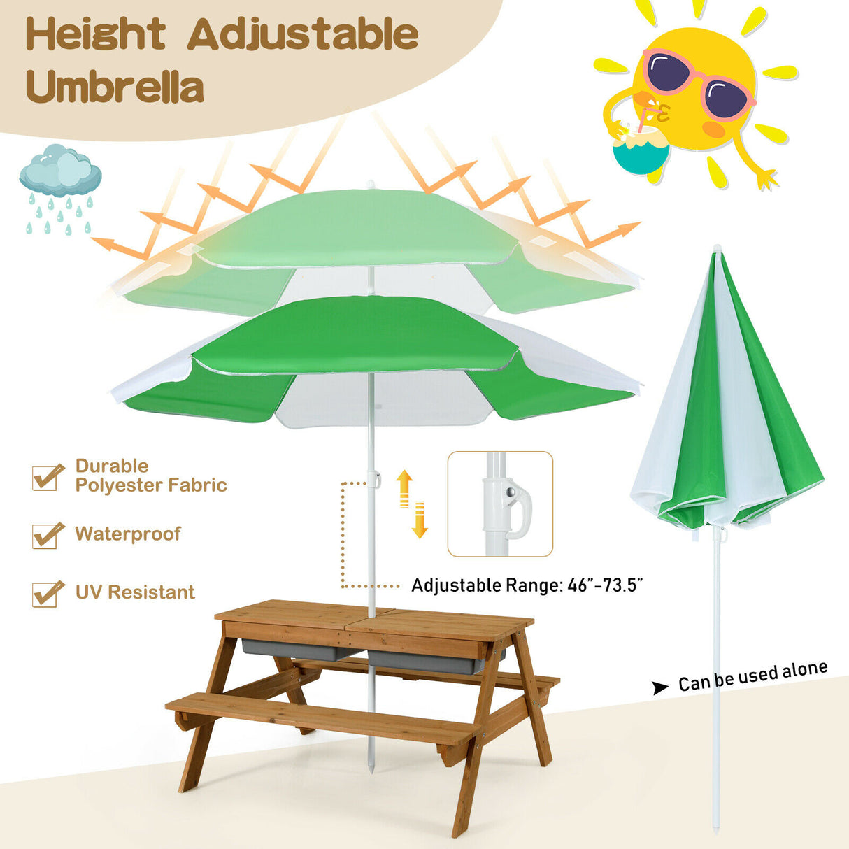 3-in-1 Kids Outdoor Picnic Water Sand Table with Umbrella Play Boxes