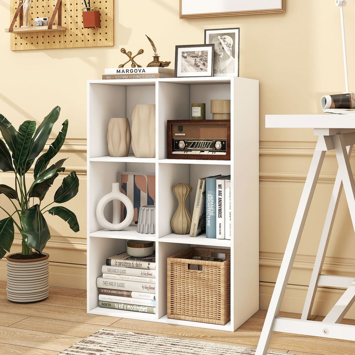 6-Cube Book Shelf Tool-Free Assembly Wooden Bookshelf Modern Bookcase Storage Organizer-White