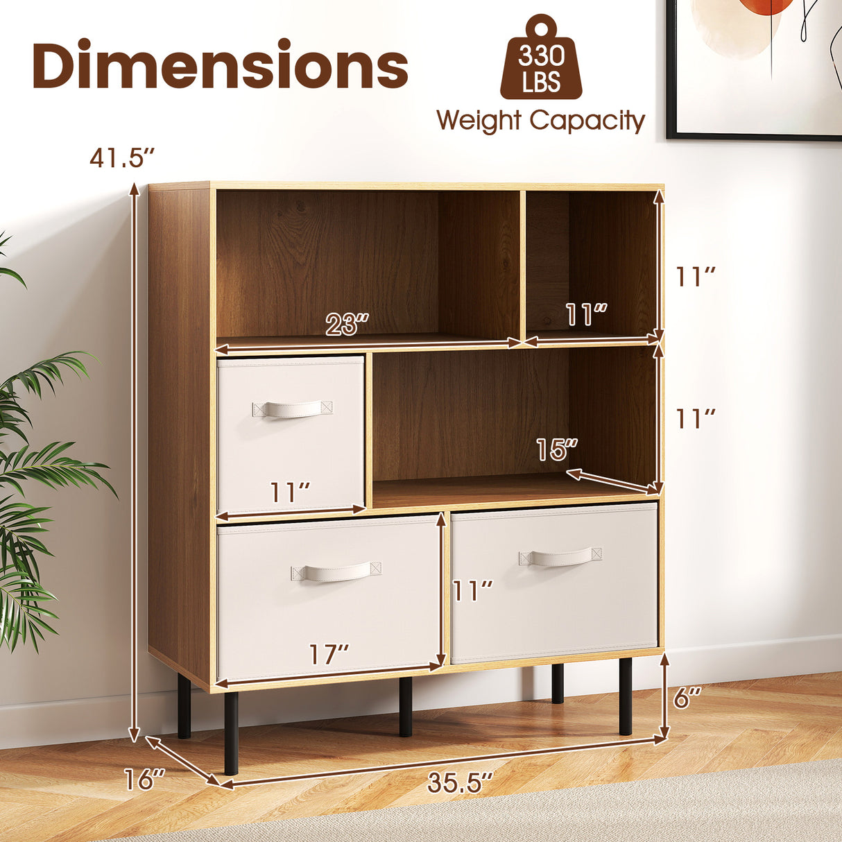 6-Cube Bookshelf with 3 Removable Folding Fabric Drawers for Living Room