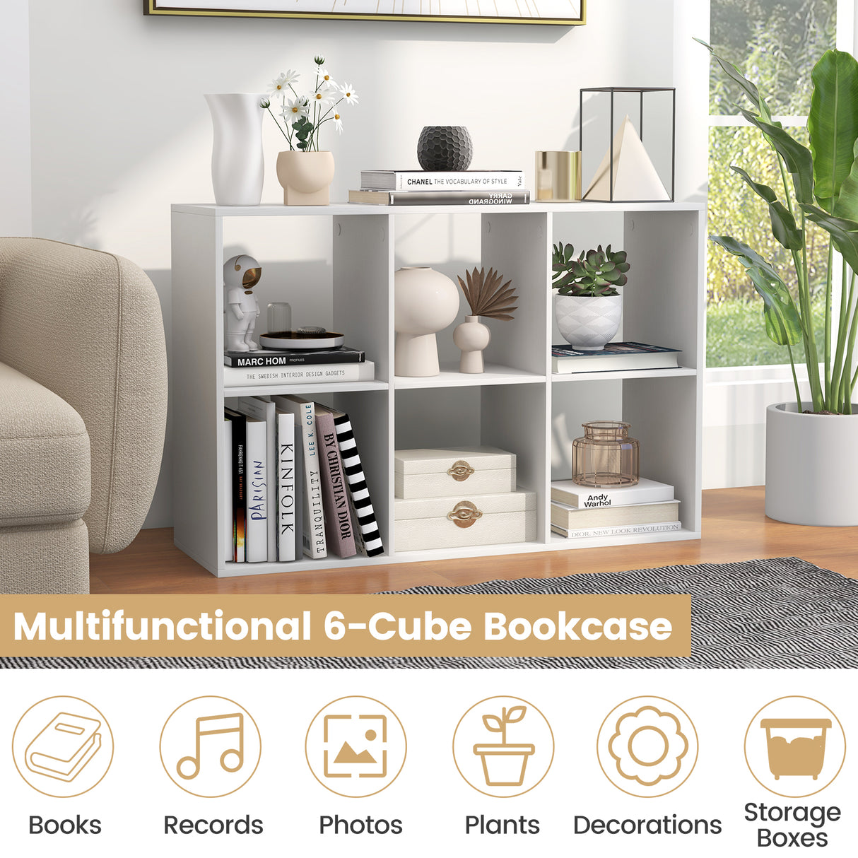 6 Cube Bookshelf with Back Guardrail for Living Room Bedroom-White