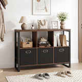 6 Cube Industrial Short Bookshelf with 3 Bins & Metal Frame and Open Shelves for Indoor-Rustic Brown